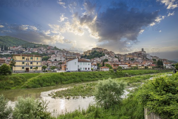 Beautiful old historic mountain village in the evening. Town panorama at sunset Polla, Italy, Europe
