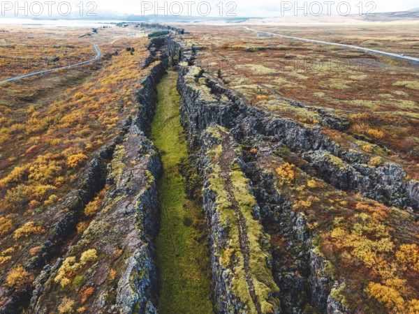 Aerial view of Thingvellir National Park, famous area in Iceland right on the spot where the Atlantic tectonic plates meets. UNESCO World Heritage Site, western Iceland, and site of the Althing.