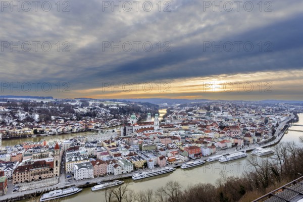 View of Passau in Bavaria at sunset on a winter evening