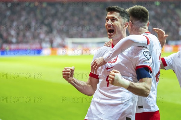WARSAW, POLAND - MARCH 21, 2025: Qualifications for FIFA 2026. Match Poland - Lithuania 1:0. Joy Robert Lewandowski after scoring goal