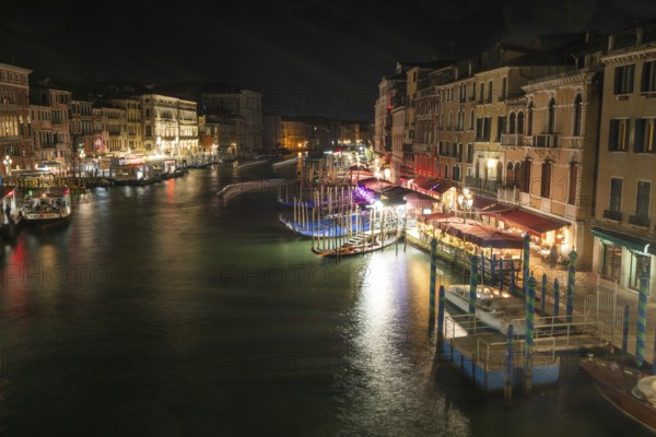 View from the Rialto Bridge over the Grand Canal, night shot, long exposure, Venice, Italy, Europe
