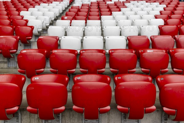 Empty red and white seats in the Allianz Stadion Arena football stadium, Munich, Upper Bavaria, Bavaria, Germany, Europe