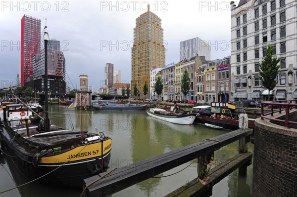 Boats in the harbour, Wijnhaven, behind them office buildings in the city centre of Rotterdam, Zuid-Holland, the Netherlands