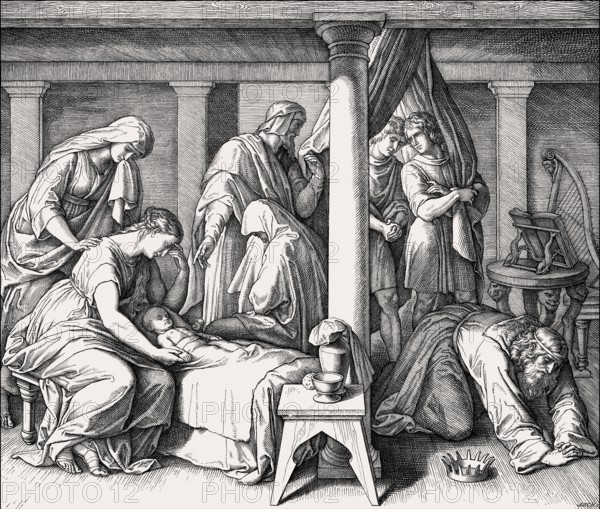 The death of Bathsheba's first child with David, Old Testament, by Julius Schnorr von Carolsfeld