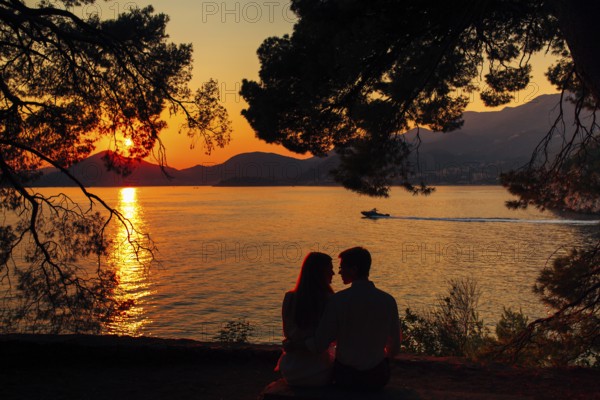 Silhouettes at sunset on the beach in Montenegro