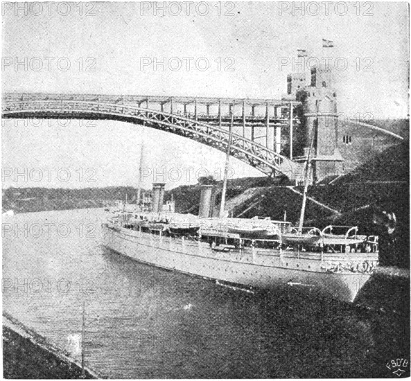 Imperial yacht Hohenzollern II on the Kiel Canal (1893) . Illustration of the 19th century. Germany. White background