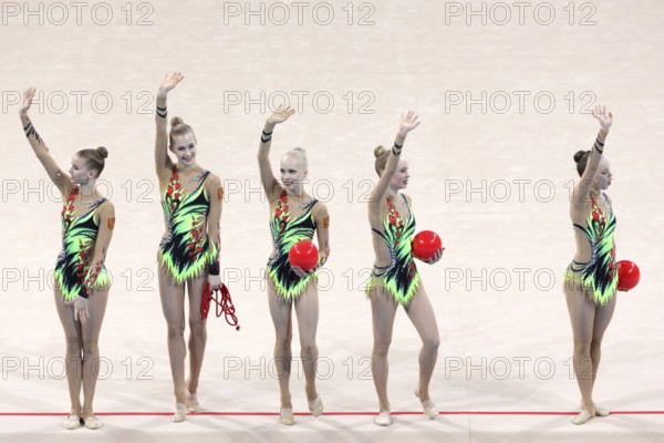 Sofia, Bulgaria - 6 May, 2017: Team Finland performs during Rhythmic Gymnastics World Cup Sofia 2017. Group tournament