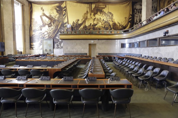 Geneva, Switzerland - 24 June, 2019: The old Council Chamber in The Palace of Nations is seen inside of The United Nations Office at Geneva (UNOG)