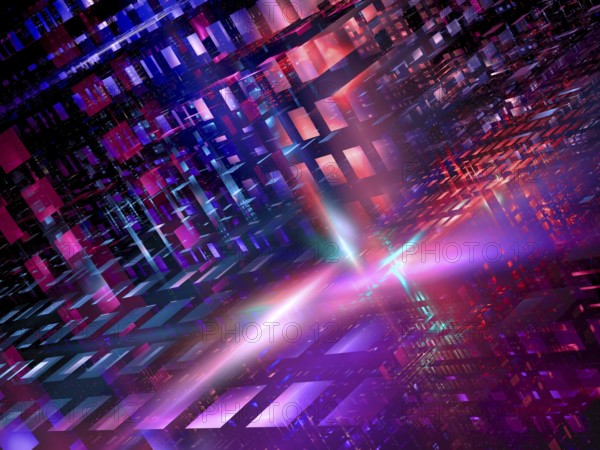 Bright structure of glass blocks - abstract computer generated 3d illustration. Horizontal composition with a slope and randomly arranged elements. Science fiction, metaverse or high tech concept