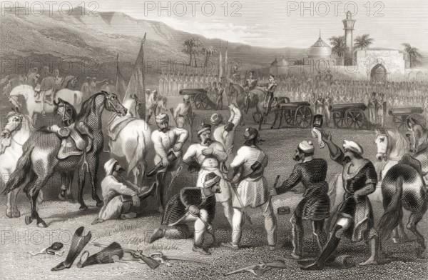 The disarming of cavalry of soldiers by the British units at Berhampur, Berhampore, Indian Mutiny, 1858