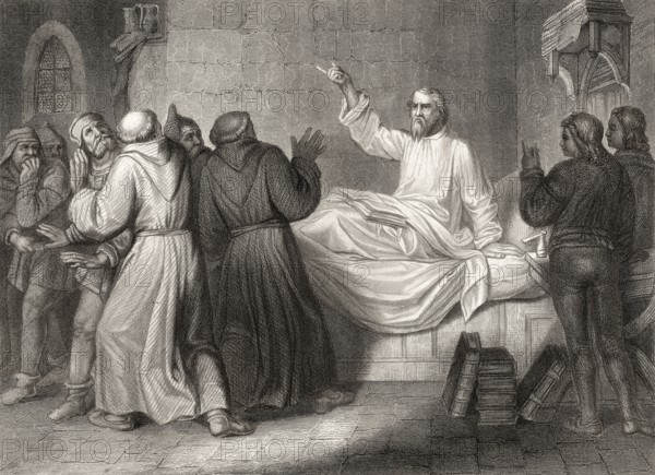 John Wycliffe, Doctor evangelicus, 1330, 1384, an English church reformer on his sick bed, criticism against the friars at Oxford in 1378