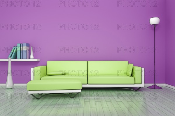 3D rendering of a purple room with a green sofa in comic style