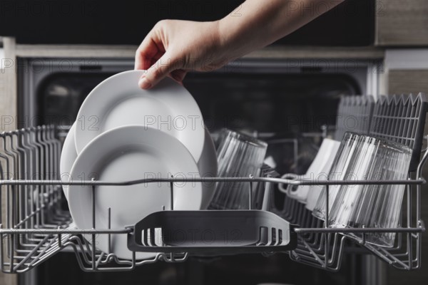 Female hand loading dished, empty out or unloading dishwasher with utensils. Kitchen appliances, lifestyle view. Woman puts a plate in the dishwasher or takes from it. Housewife does her housework