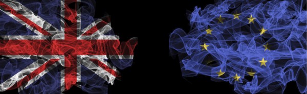 Flags of Union Jack and EU on Black background, Union Jack vs Europe Union Smoke Flags