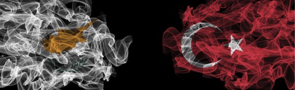 Flags of Cyprus and Turkey on Black background, Cyprus vs Turkey Smoke Flags