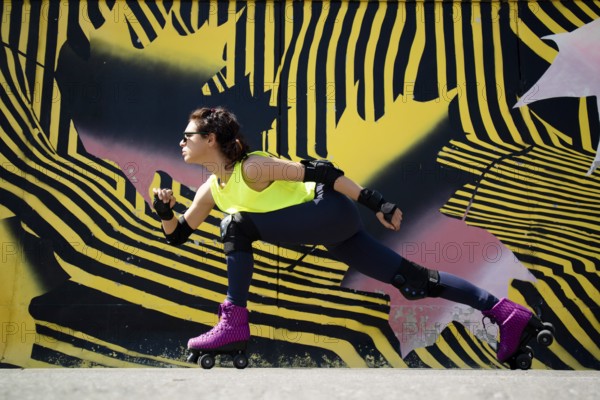 Photo shoot of the moment when a young girl is doing gymnastics with roller skates