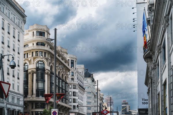 Madrid, Spain, June 18, 2021: Cityscape of Gran Via, the iconic avenue of Madrid famous for his cinemas and stores, Europe