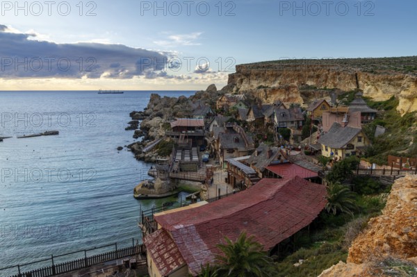 Mellieha, Malta, 20 December, 2023 view of idyllic Anchor Bay and Popeye Village amusement park in Malta, Europe