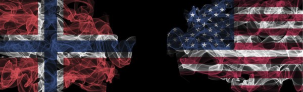 Flags of Norway and USA on Black background, Norway vs USA Smoke Flags