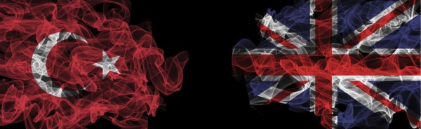 Flags of Turkey and United Kingdom on Black background, Turkey vs United Kingdom Smoke Flags