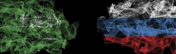 Flags of Saudi Arabia and Russia on Black background, Saudi Arabia vs Russia Smoke Flags