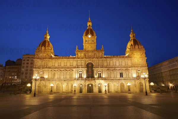 La Coruna City town hall sunset in Maria Pita Square of Galicia Spain