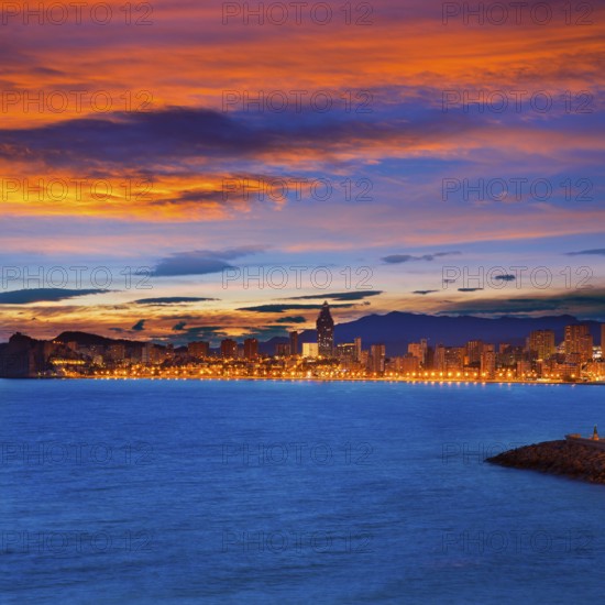 Benidorm Alicante sunset playa de Poniente beach in Spain Valencian community