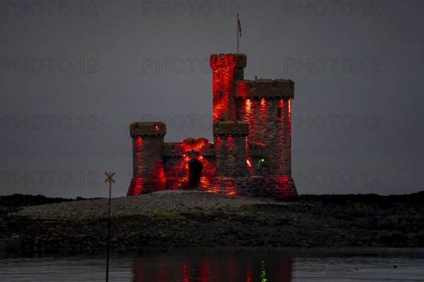 Douglas Bay and the illuminated Tower of Refuge at night, Isle of Man, Europe