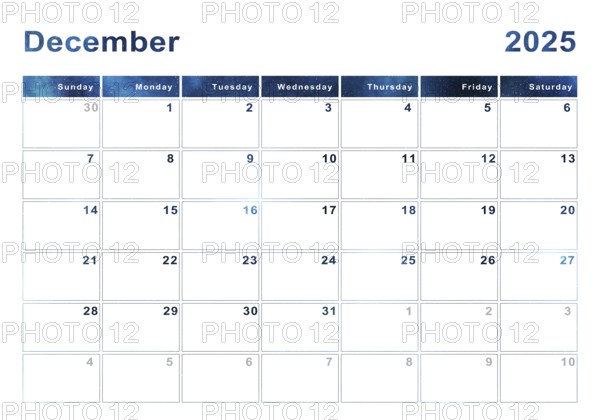 December 2025 calendar, week start Sunday, modern design