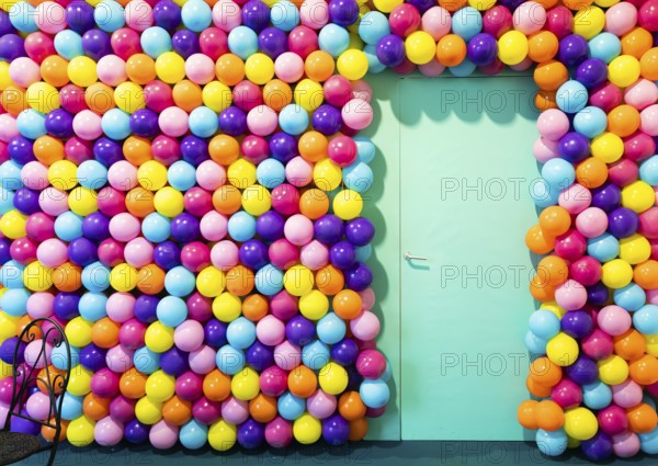 Door room with colorful balloons, concept of celebration, party, happy birthday