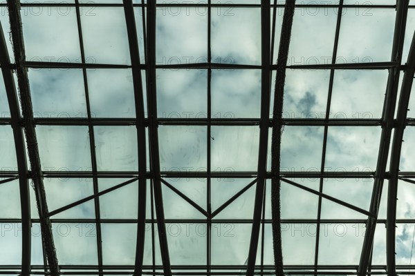 Portugal, 12 28 2018: Abstract patterns and lines of the glass and steel roof at the Vasco Da Gama shopping mall, Europe