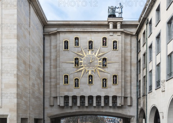 Brussels, Belgium, 12 18 2018: Statue and huge clock of the Mont des Arts, Europe
