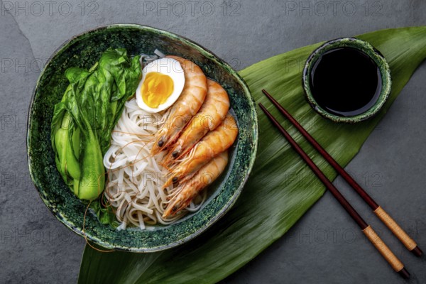 Food, Asian rice noodles with shrimps on gray background