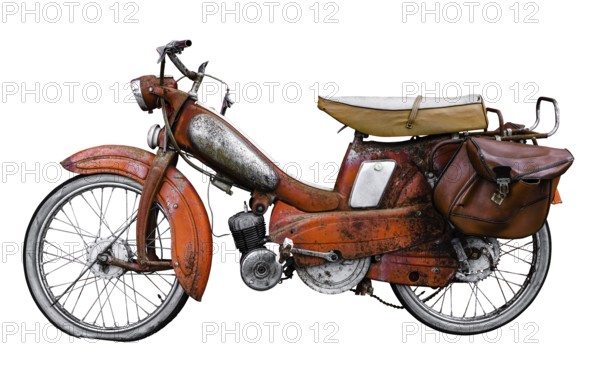 Isolated Vintage 60s French Moped Or Scooter With Pannier Bag And Flat Tyre