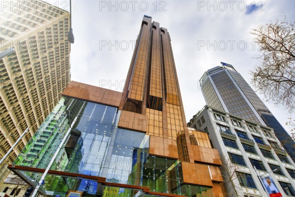 Street view of Auckland buildings in downtown on a cloudy day, New Zealand, Oceania