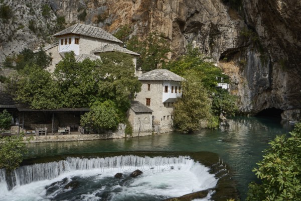 Dervish monastery, Tekke, Tekija, Sufi centre, on the right the Buna spring, Karst spring, Vrelo Bune, near the village of Blagaj, Bosnia and Herzegovina, Europe