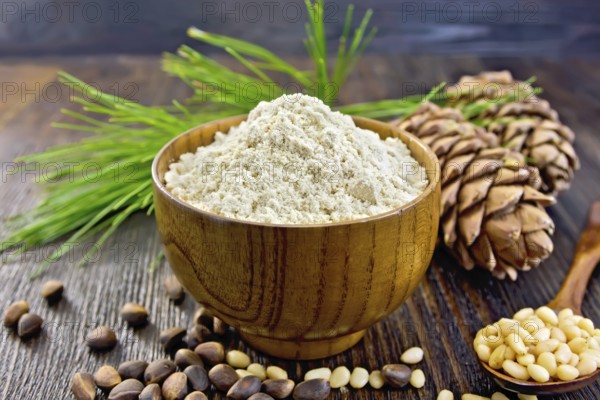 Flour cedar in a wooden bowl, cedar nuts and two cones, a spoon with peeled nuts, cedar branch against the backdrop of wooden planks
