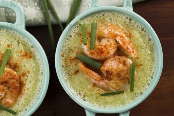 Cold cucumber soup with herbs and shrimps