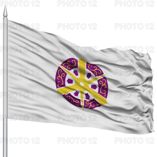 Kyoto Capital City Flag on Flagpole, Prefecture of Japan, Isolated on White Background