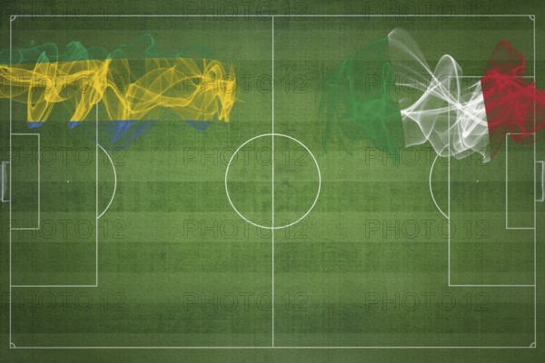 Gabon vs Italy Soccer Match, national colors, national flags, soccer field, football game, Competition concept, Copy space