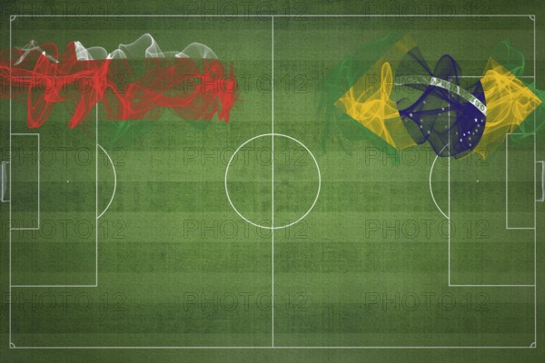 Oman vs Brazil Soccer Match, national colors, national flags, soccer field, football game, Competition concept, Copy space