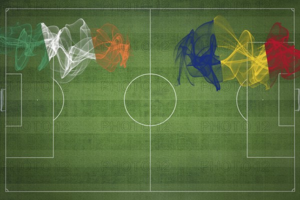 Ireland vs Romania Soccer Match, national colors, national flags, soccer field, football game, Competition concept, Copy space
