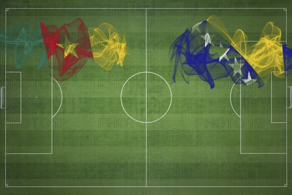 Cameroon vs Bosnia and Herzegovina Soccer Match, national colors, national flags, soccer field, football game, Competition concept, Copy space