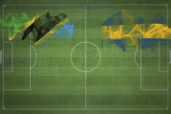 Tanzania vs Sweden Soccer Match, national colors, national flags, soccer field, football game, Competition concept, Copy space
