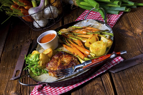 Grilled collars with caramelised vegetables