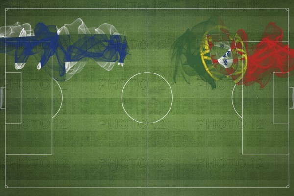 Finland vs Portugal Soccer Match, national colors, national flags, soccer field, football game, Competition concept, Copy space