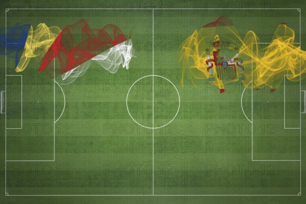 Seychelles vs Spain Soccer Match, national colors, national flags, soccer field, football game, Competition concept, Copy space