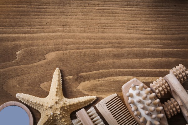 Group of skincare items on brown pine vintage board healthcare concept