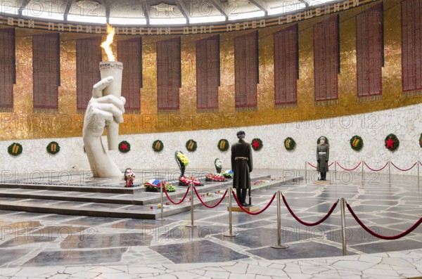 Volgograd, Russia - November 5, 2015: View of the Hall of Military Glory, honor guard and the eternal flame in the historical-memorial complex ", To Heroes of the Battle of Stalingrad, ", Mamayev Kurgan, Volgograd