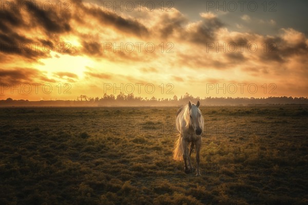 Horse in a Pasture with Orange Sunset